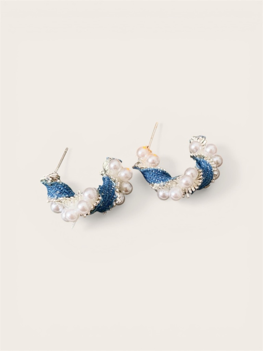 Stainless steel Pearl & Blue Braided Hoop Earrings